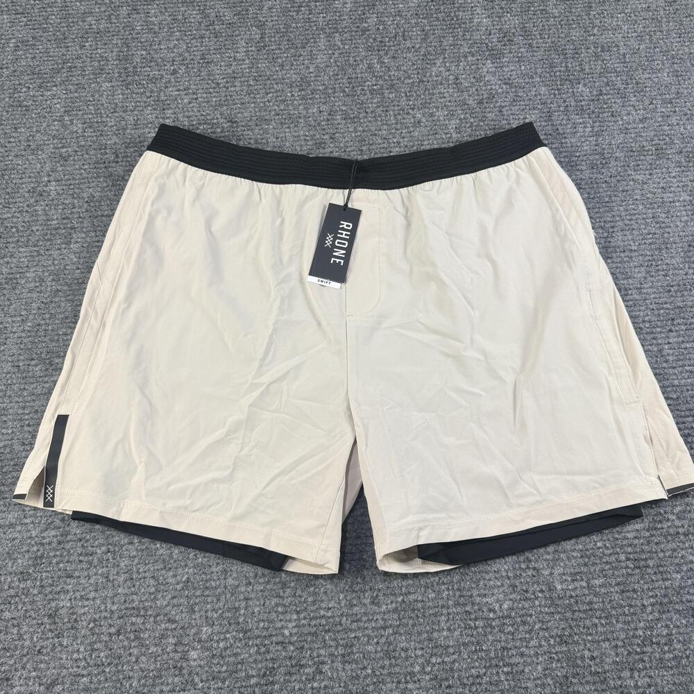 Rhone Swift Shorts Mens 2XL Beige Black Lined 6 Inch Inseam Workout Running